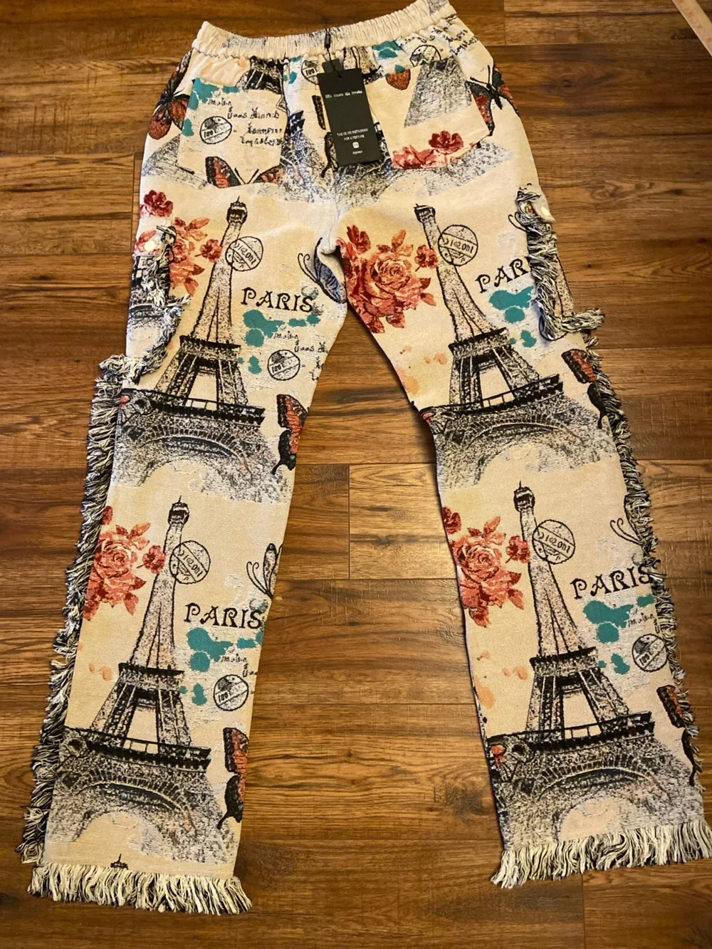 NWT GUAPI Floral Eiffel Paris Butterfly Tapestry Pants Mens Size 36 Fringe